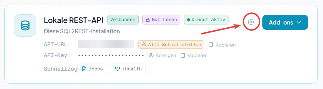 API-Dashboard mit Zahnrad-Symbol auf der Karte Lokale REST-API / API Dashboard showing the gear icon on the Local REST-API card