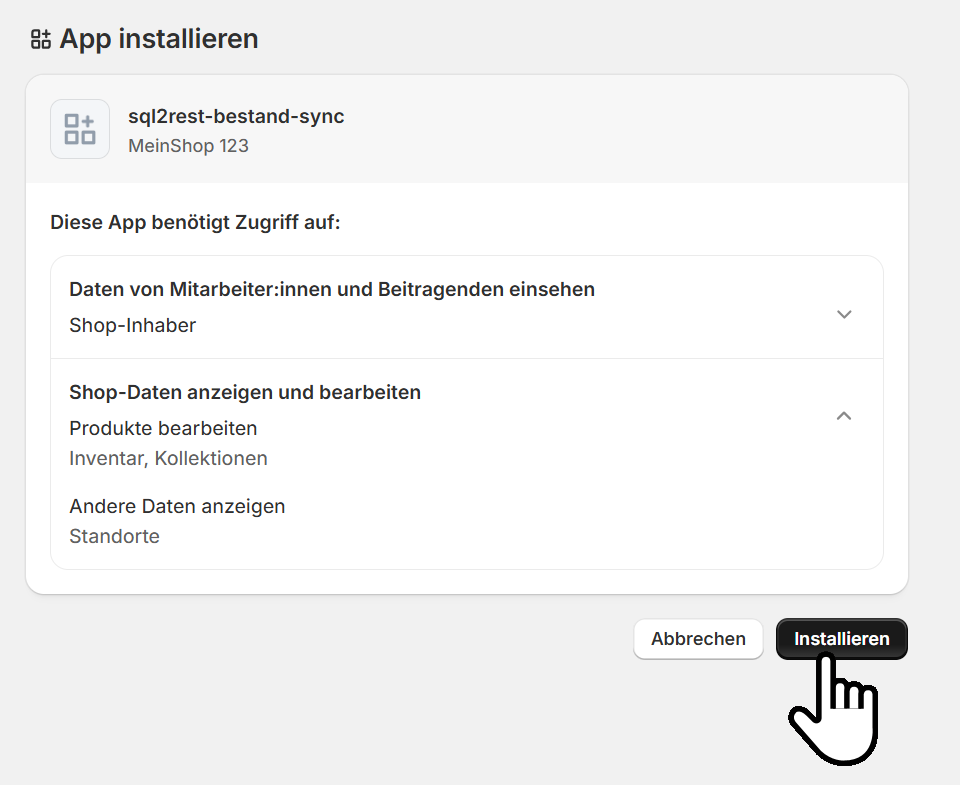 Zustimmungsdialog App installieren mit den angeforderten Zugriffsrechten und dem Knopf Installieren