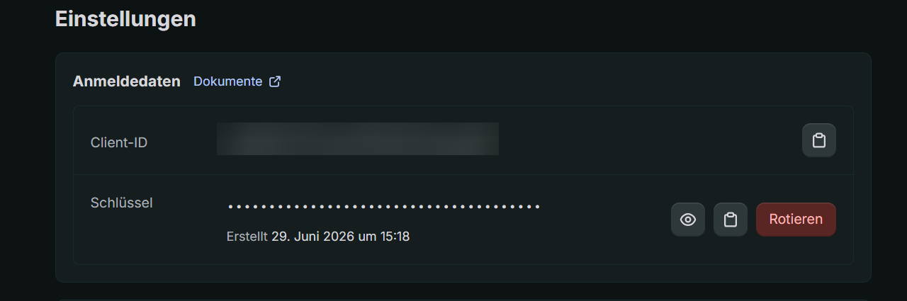 Anmeldedaten-Bereich unter Einstellungen mit Client-ID, verstecktem Schlüssel, Augen-Symbol und dem zu meidenden Knopf Rotieren