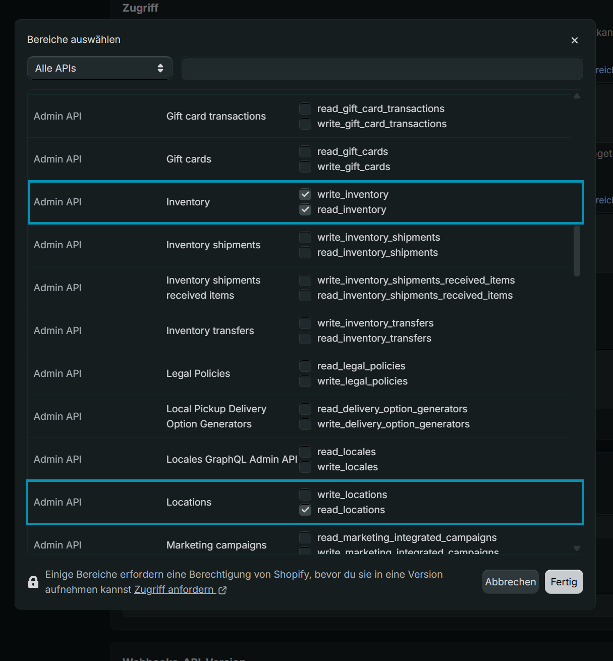 Dialog Bereiche auswählen mit angehakten Scopes read_inventory, write_inventory und read_locations