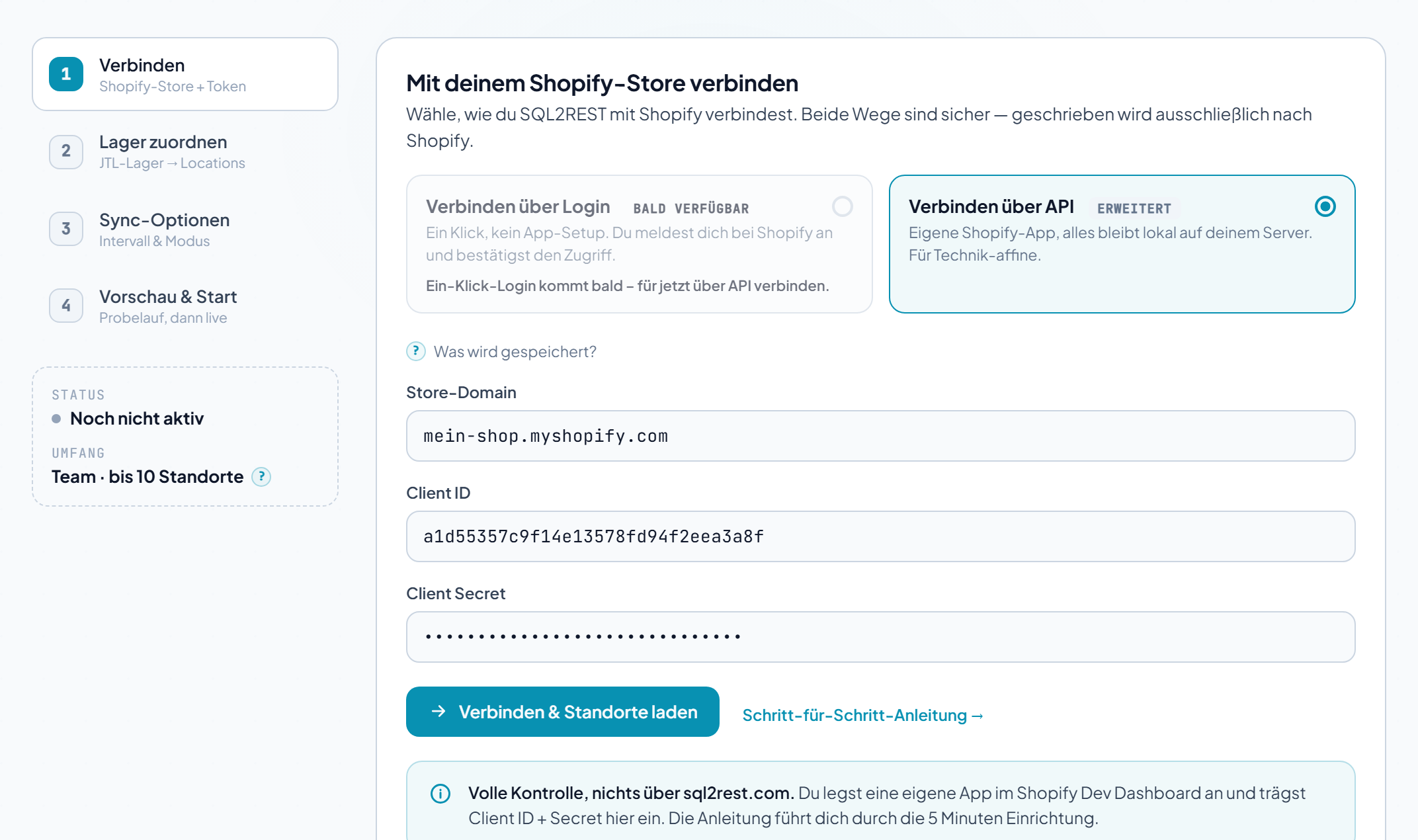 Verbindungs-Tab im API-Dashboard, in dem die Zugangsdaten der eigenen Shopify-App hinterlegt und die Verbindung geprüft wird