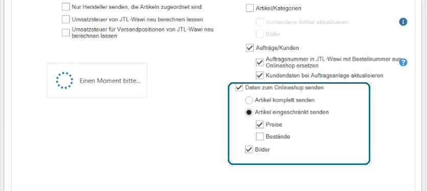 JTL-Connector-Einstellung "Daten zum Onlineshop senden", die steuert, ob der Connector Artikeldaten an den Shop überträgt.