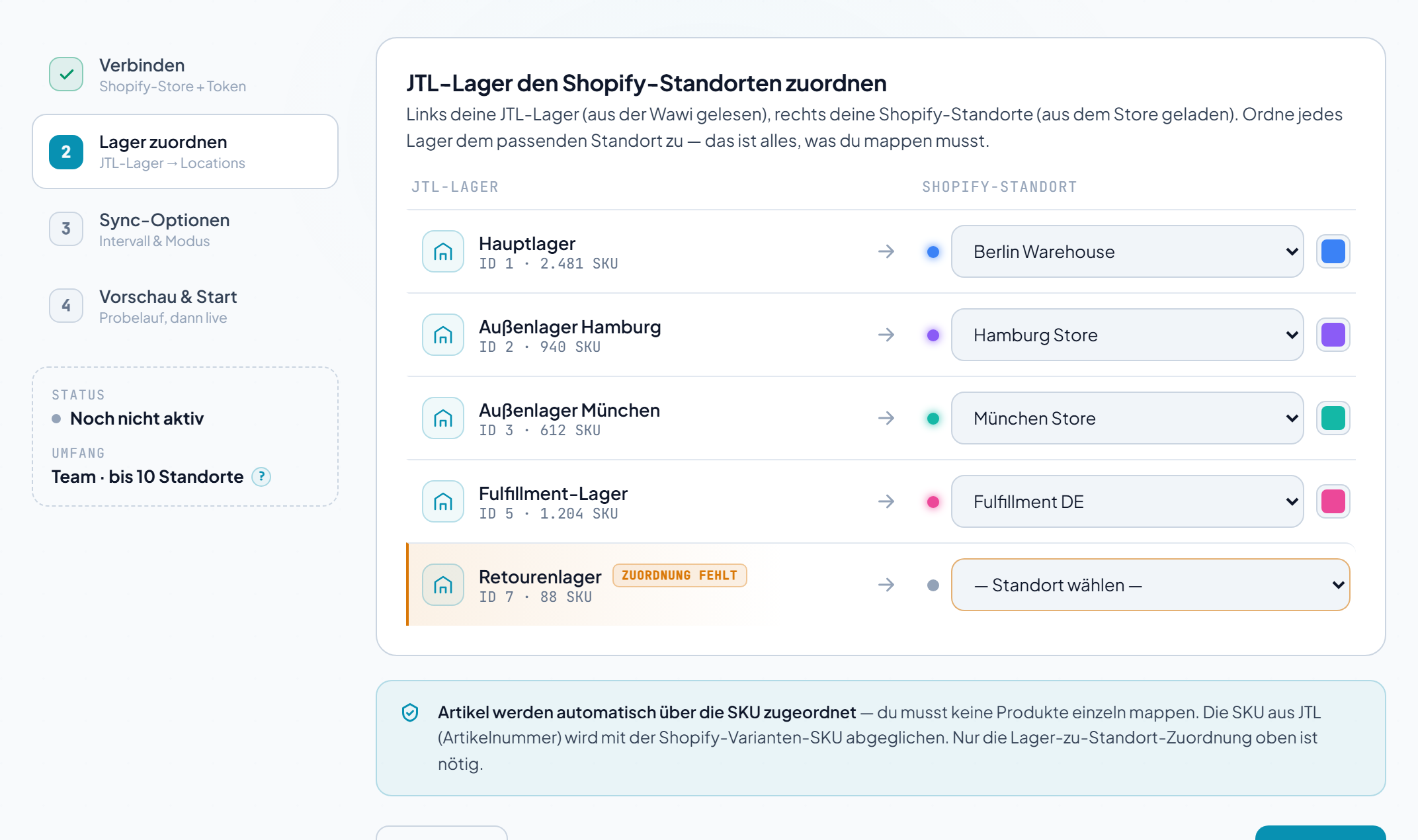 Zuordnungs-Tab mit Pro-Lager-Schaltern, die JTL-Lager je einem Shopify-Standort zuweisen
