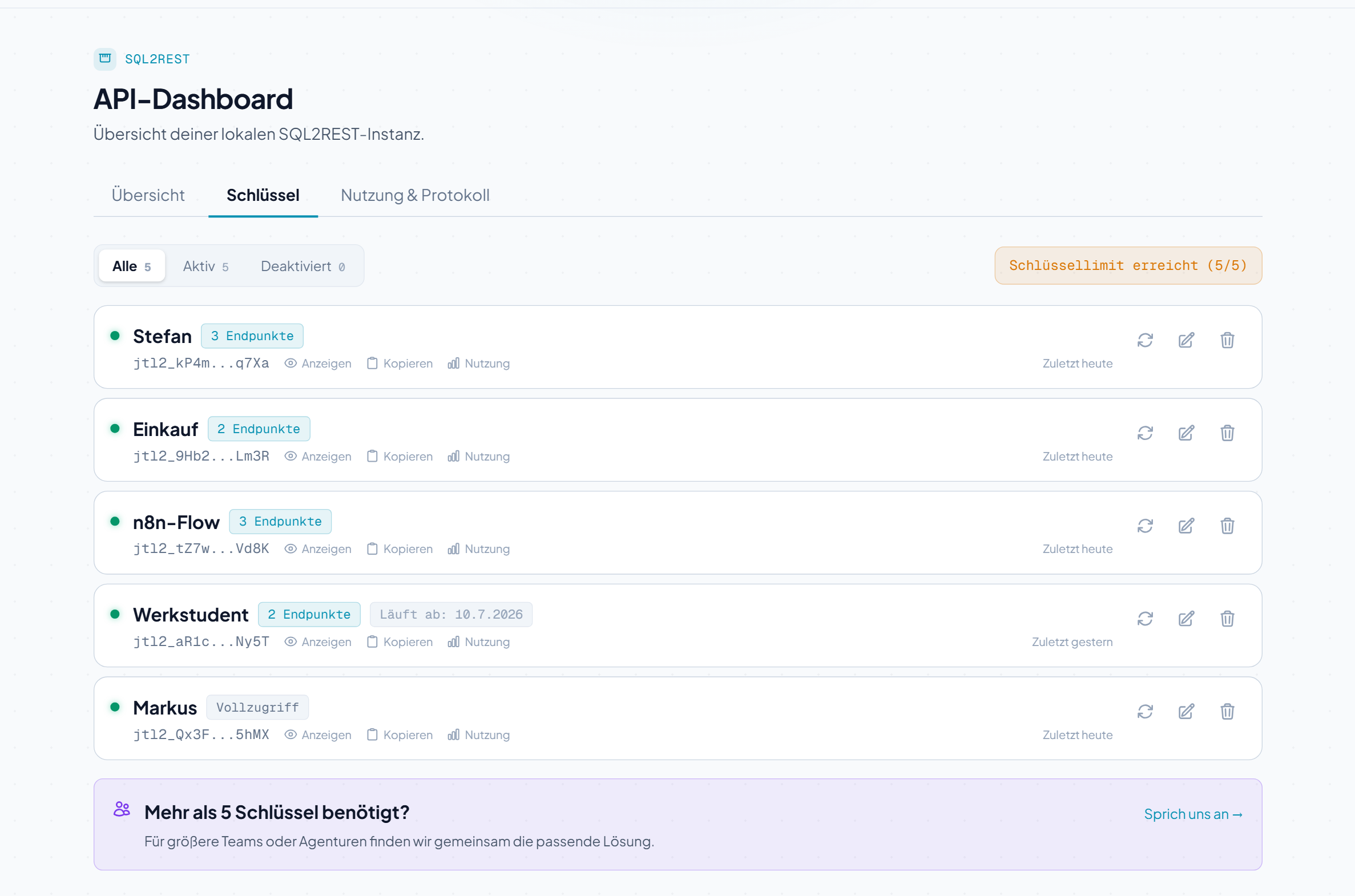 Schlüssel-Tab im API-Dashboard mit fünf Schlüsseln: Stefan, Einkauf, n8n-Flow, Werkstudent (befristet), Markus
