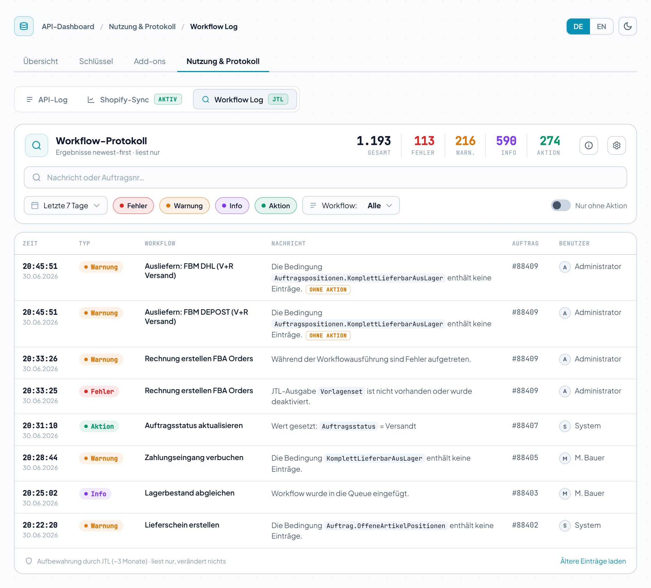 Workflow-Protokoll-Tab im API-Dashboard mit Volltextsuche, Workflow-Picker, Zeitraum-Filter, Statistiken und einzelnen Läufen mit Zeitstempel und Auftrag-Peek