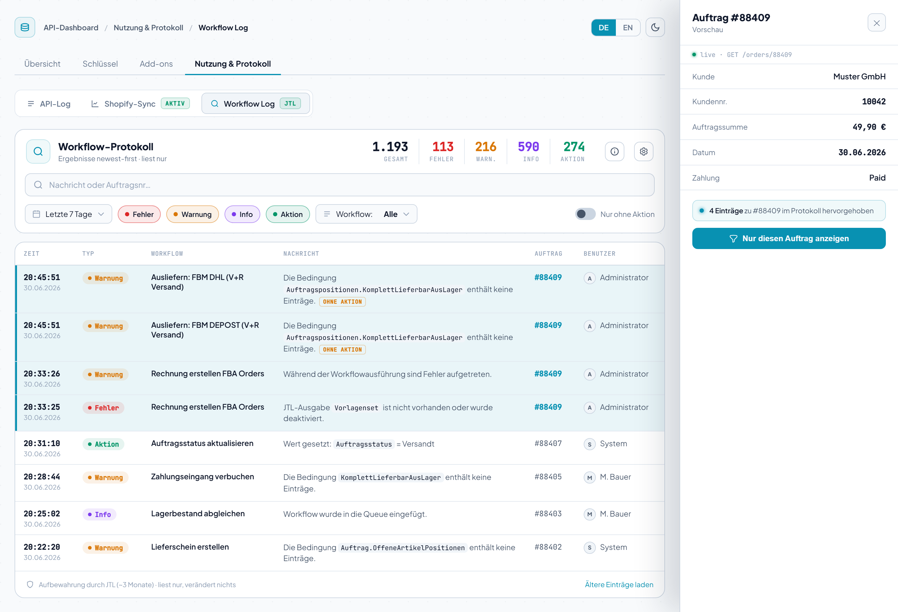 Auftrags-Vorschau im Workflow-Protokoll: Klick auf eine Auftragsnummer öffnet die Vorschau mit Kunde, Summe, Datum und Zahlung und hebt alle Protokoll-Einträge zu diesem Auftrag hervor